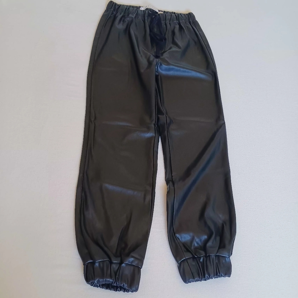 Edgy Black Faux Leather Jogger Pants Tinseltown XS High Waist Stretchy Waist